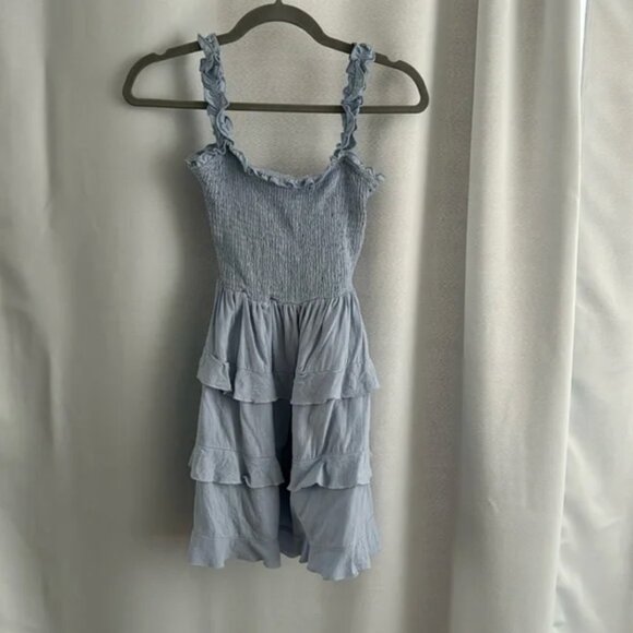 Super Sweet Light Blue Smocked RuffledTie-Back Mini Dress XS - Picture 8 of 12